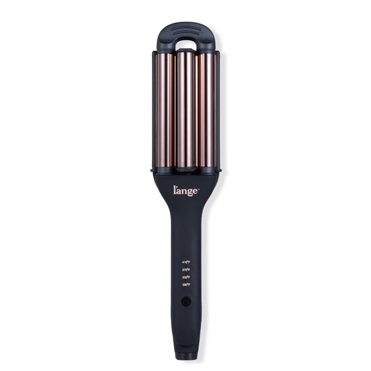 A black and rose gold triple-barrel curling iron with a digital temperature display on the handle.