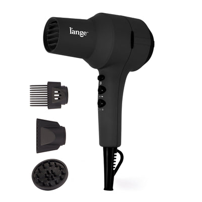 black L'ange hair dryer with three included attachments (comb, concentrator, diffuser) displayed beside it.