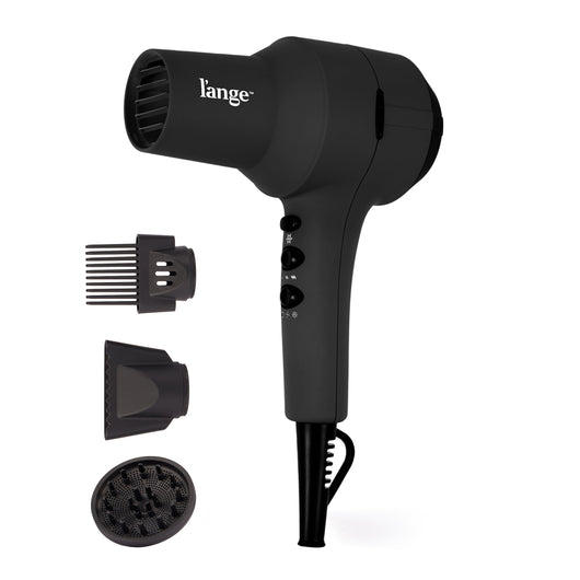 black L'ange hair dryer with three included attachments (comb, concentrator, diffuser) displayed beside it.