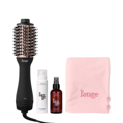 L’ange Blow All Out Value Set, including the Black 60mm Le Volume, glass hair, manage, and a blush hair wrap towel.