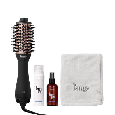 L’ange Blow All Out Value Set, including the Black 60mm Le Volume, glass hair, manage, and a grey hair wrap towel.