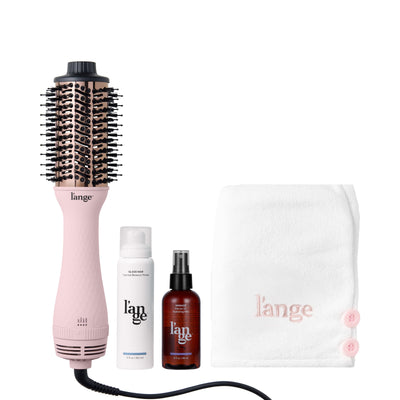 L’ange Blow All Out Value Set, including the Blush 60mm Le Volume, glass hair, manage, and a white hair wrap towel.