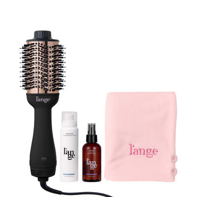 L’ange Blow All Out Value Set, including the Black 75mm Le Volume, glass hair, manage, and a blush hair wrap towel.