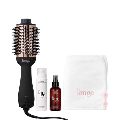 L’ange Blow All Out Value Set, including the Black 75mm Le Volume, glass hair, manage, and a white hair wrap towel.