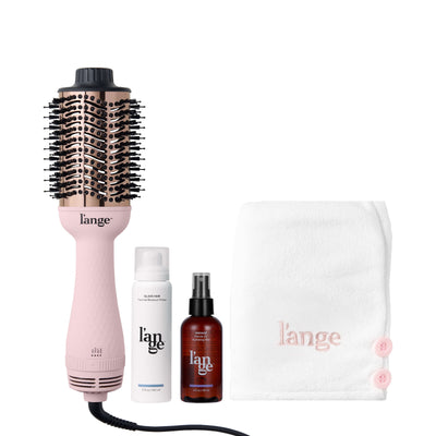 L’ange Blwo All Out Value Set, including the Blush 75mm Le Volume, glass hair, manage, and a white hair wrap towel.