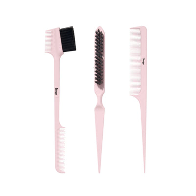 Three pink L’ange styling combs and brushes on a white background