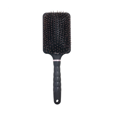 black L’ange detangling paddle brush with nylon bristles and boar on a white  background