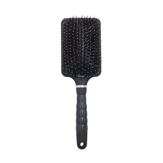 black L’ange detangling paddle brush with nylon bristles and boar on a white  background