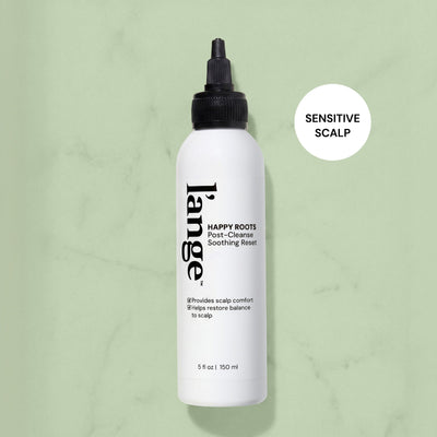 L'ange Happy Roots Post-Cleanse Soothing Reset bottle with "Sensitive Scalp" badge on light green background
