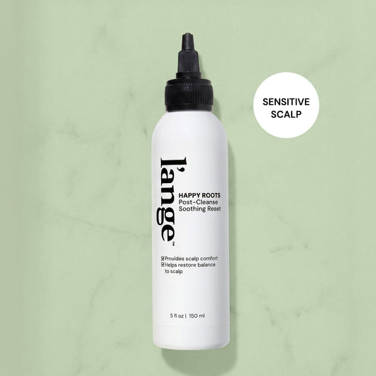 L'ange Happy Roots Post-Cleanse Soothing Reset bottle with "Sensitive Scalp" badge on light green background