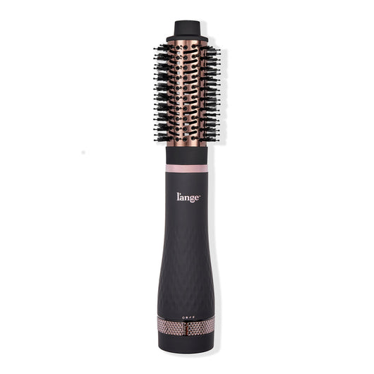 A sleek black and rose gold heated styling brush with a round barrel and bristles, designed for effortless hair styling.