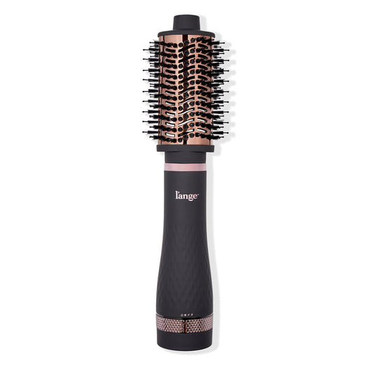 A black and rose gold round hairbrush with a built-in dryer function, featuring a sleek ergonomic handle.
