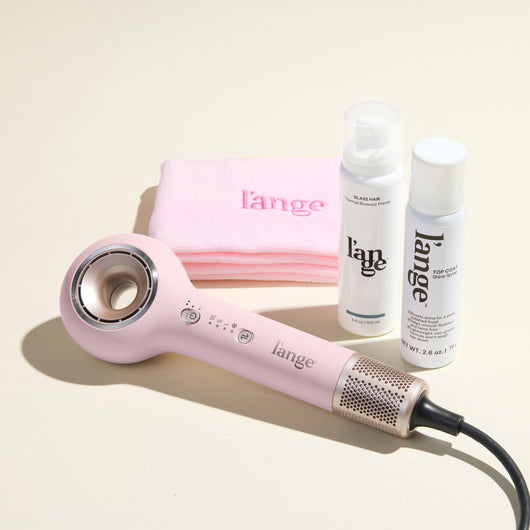 Mane Event Value Set, featuring a Blush Axia, a Blush hair wrap towel, Glass Hair, and Top Coat, displayed on a beige background