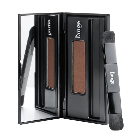 L'ange RootMatch root touch-up powder compact in Auburn, open with mirror and dual-ended brush, on white background