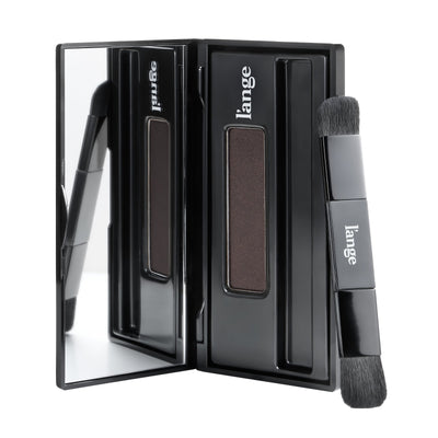 L'ange RootMatch root touch-up powder compact in Dark Brown, open with mirror and dual-ended brush, on white background