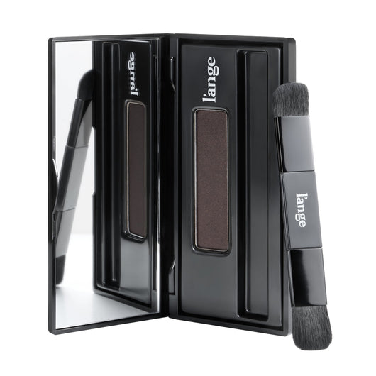 L'ange RootMatch root touch-up powder compact in Dark Brown, open with mirror and dual-ended brush, on white background