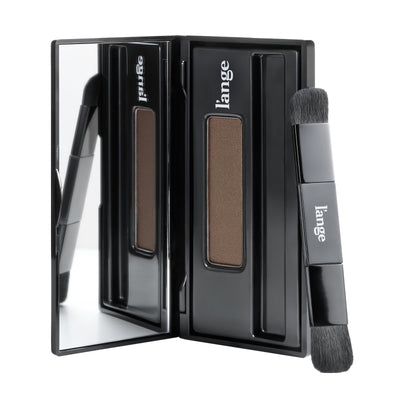 L'ange RootMatch root touch-up powder compact in Light Brown, open with mirror and dual-ended brush, on white background
