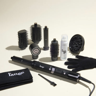 Fresh Blowout Trio Value Set, featuring a Black TurboStyle dryer with attachments, a diffuser, a heat glove, and Glass Hair, displayed on a beige background
