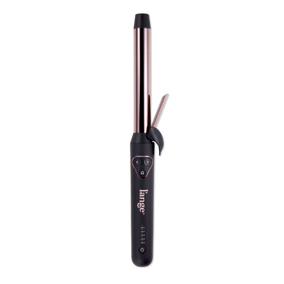 Sleek curling iron with rose gold barrel and black handle featuring digital controls for temperature adjustment.