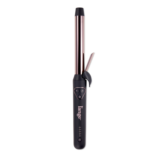 Sleek curling iron with rose gold barrel and black handle featuring digital controls for temperature adjustment.